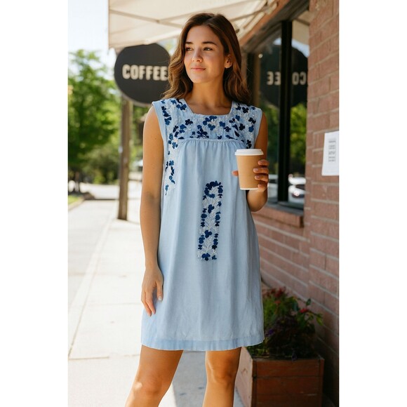 J. Marie The Libby Dress Size Small Blue Embroidered Tunic Linen Blend Lined - Picture 1 of 10